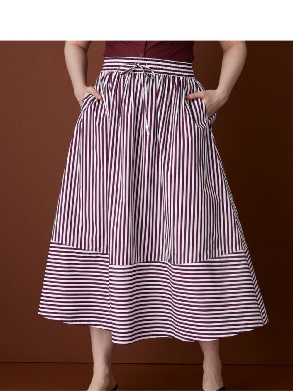Rosie Assoulin x Target drawstring poplin striped midi skirt burgundy medium new